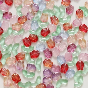 Detailed view of colorful translucent tulip glass beads for DIY jewelry making and crafts