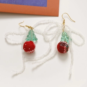 Christmas tree glass earrings with red knit balls and white bead fringe in gold finish