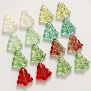 Sparkly 3D glass Christmas tree beads with gold glitter and embossed dot details