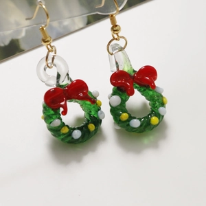 Christmas wreath pendant with red bow and colorful beads on gold earring hook