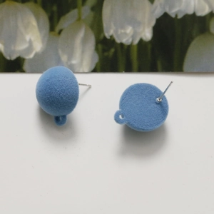 Sky blue flocked half-round stud earring with a metal loop for DIY jewelry making