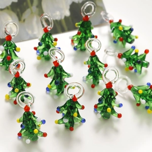 Handmade green glass Christmas tree pendants with colorful beads for DIY jewelry making
