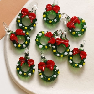Christmas glass wreath pendant with red bow for DIY jewelry making and festive accessories