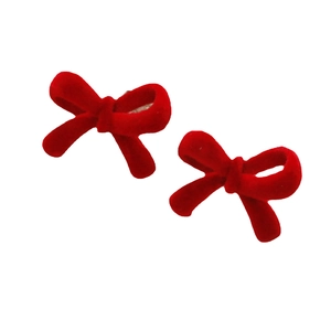 Red flocked velvet bow stud earrings in a classic double-loop design for women