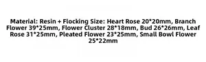 Detailed size guide for DIY velvet resin rose flower accessories in various styles