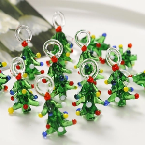 Handmade green glass Christmas tree pendants with colorful beads for DIY jewelry making