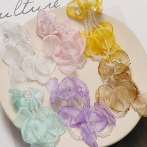 Handmade Gauze Petal Flower Tassel Pendants For Earring Jewelry Making DIY Accessories With Transparent Rhinestone Beads