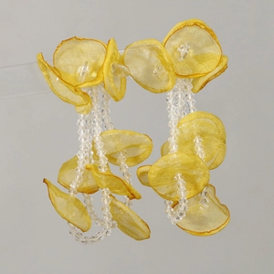 Elegant yellow tulle petal earrings with long crystal beaded tassels for women