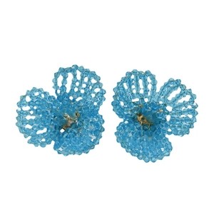 Exquisite handmade blue beaded flower earrings with crystal accents and metal base