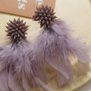 Exaggerated long feather tassel earrings with purple floral beads for DIY fashion jewelry
