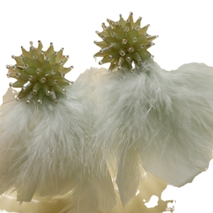 Sweet light green long earring with beaded flower stud and soft feather tassel