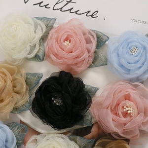 Elegant multi-color organza rose flower hair accessories with bead stamens and silver leaves