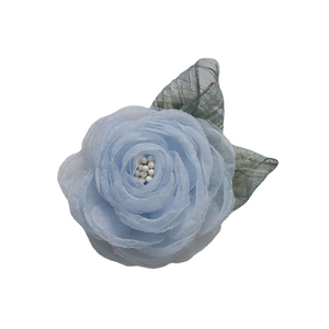 Light blue mesh camellia flower accessory with white pearl center and green net leaves