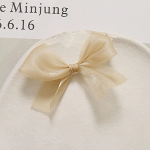 Macro detail van de champagnegouden mesh haarsstrik op een wit decoratief displaybordje