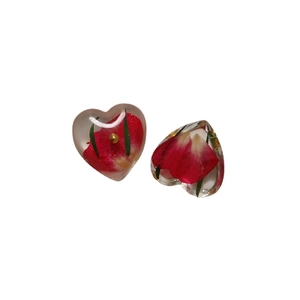 Handmade heart-shaped resin earrings with embedded red rose petals and green leaves