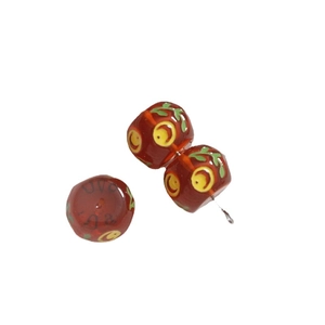 Handmade 14mm resin beads with yellow concentric circles and green leaves for DIY jewelry