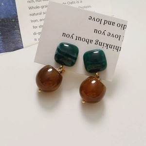 Vintage geometric earrings with green square studs and amber resin teardrop pendants
