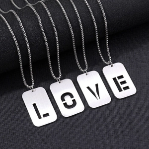 Stainless Steel Hollow Initial Letter Dog Tag Pendant Necklace Unisex Silver Color Military Style Jewelry Gift Accessory