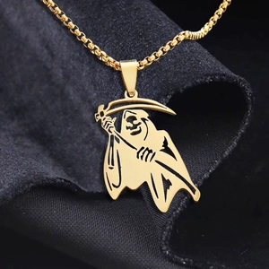Golden Grim Reaper skeleton pendant with scythe on a box chain for men's fashion