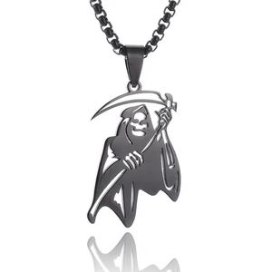 Gothic black stainless steel Grim Reaper pendant necklace with scythe for men