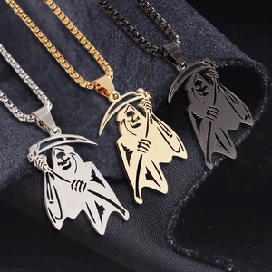 Gothic Stainless Steel Grim Reaper Pendant Necklace Retro Skull Scythe Punk Jewelry For Men Women Halloween Gift