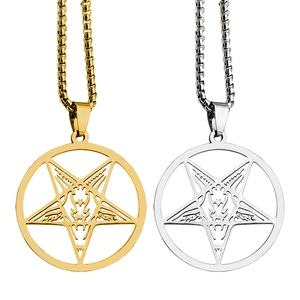 Stainless Steel Pentagram Baphomet Goat Head Pendant Necklace Gothic Punk Round Hollow Jewelry For Men Women Halloween Gift