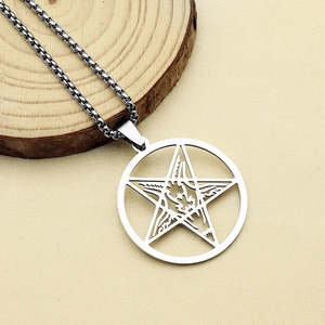 Close-up of gothic pentagram pendant with intricate skull design on box chain