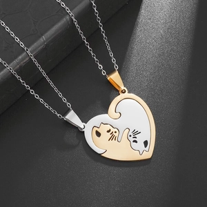 Minimalist cat puzzle heart necklace set for couples in polished gold and silver finish