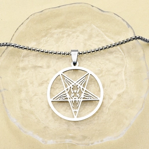 Punk gothic Baphomet pentagram pendant necklace with polished silver box chain