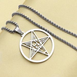 Gothic punk necklace with stainless steel pentagram and goat head pendant on gold silk