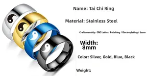 Detailed view of 8mm stainless steel Tai Chi rings in silver, gold, blue, and black finishes
