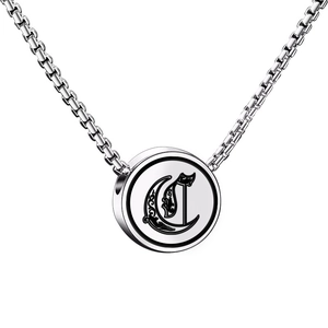 Engravable stainless steel necklace with round pendant featuring gothic letter C on box chain