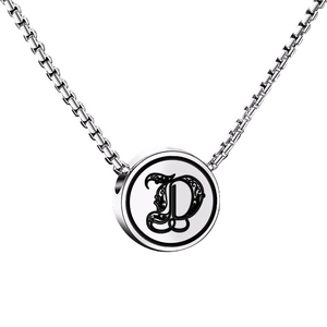 Polished silver square link chain necklace with round Gothic letter D pendant charm
