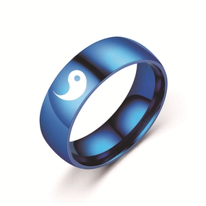 Blue 8mm stainless steel Yin Yang couple ring featuring Tai Chi symbol on white background