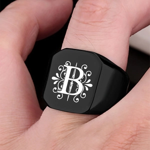 Men's black stainless steel square ring with letter B and punk sword pattern