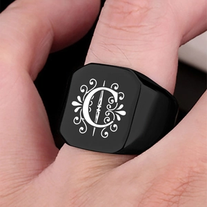 Men's matte black stainless steel signet ring with engraved letter C and scroll patterns