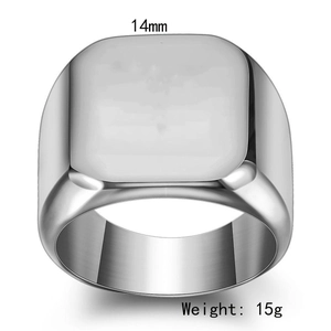 Detail view of square punk ring showing 14mm width and 15g weight measurements