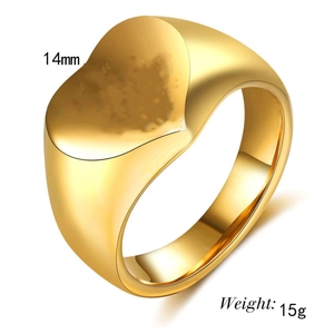 Polished golden heart signet ring with a 14mm surface width and 15g weight details