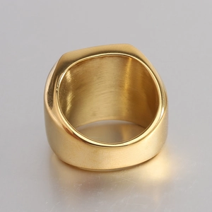 Men's retro square gold signet ring in titanium steel with polished finish and brushed inner