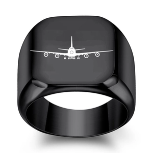 Anello sigillo nero da uomo in acciaio al titanio con logo aereo inciso al laser minimal