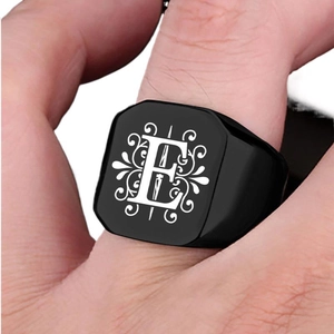 Men's black stainless steel signet ring with engraved letter E and baroque vine patterns