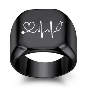 Men's black stainless steel ring featuring white heartbeat and stethoscope design