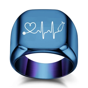 Polished blue stainless steel signet ring with ECG heartbeat and stethoscope design
