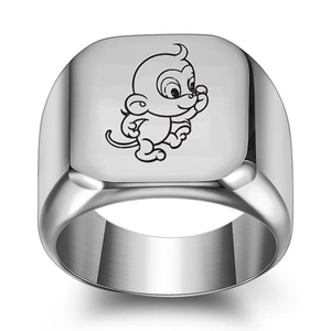 Polished silver stainless steel signet ring featuring a cartoon monkey line engraving