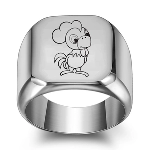 Macro detail of silver stainless steel square signet ring with cartoon rooster engraving
