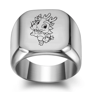 Detailed view of silver square signet ring with a minimalist cartoon dragon engraving