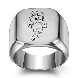 Polished silver square ring featuring a minimalist engraved cartoon horse design