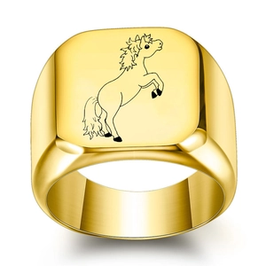 Polished gold signet ring featuring a minimalist black horse motif on the top surface