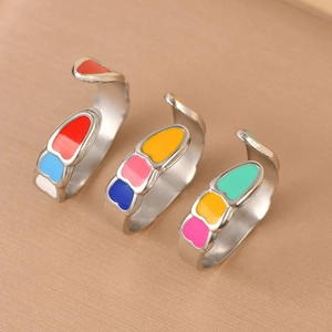Three-piece colorful heart enamel rings in silver finish with adjustable opening design