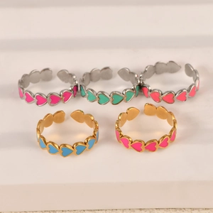 Set of colorful enamel heart open rings in gold and silver finish for women